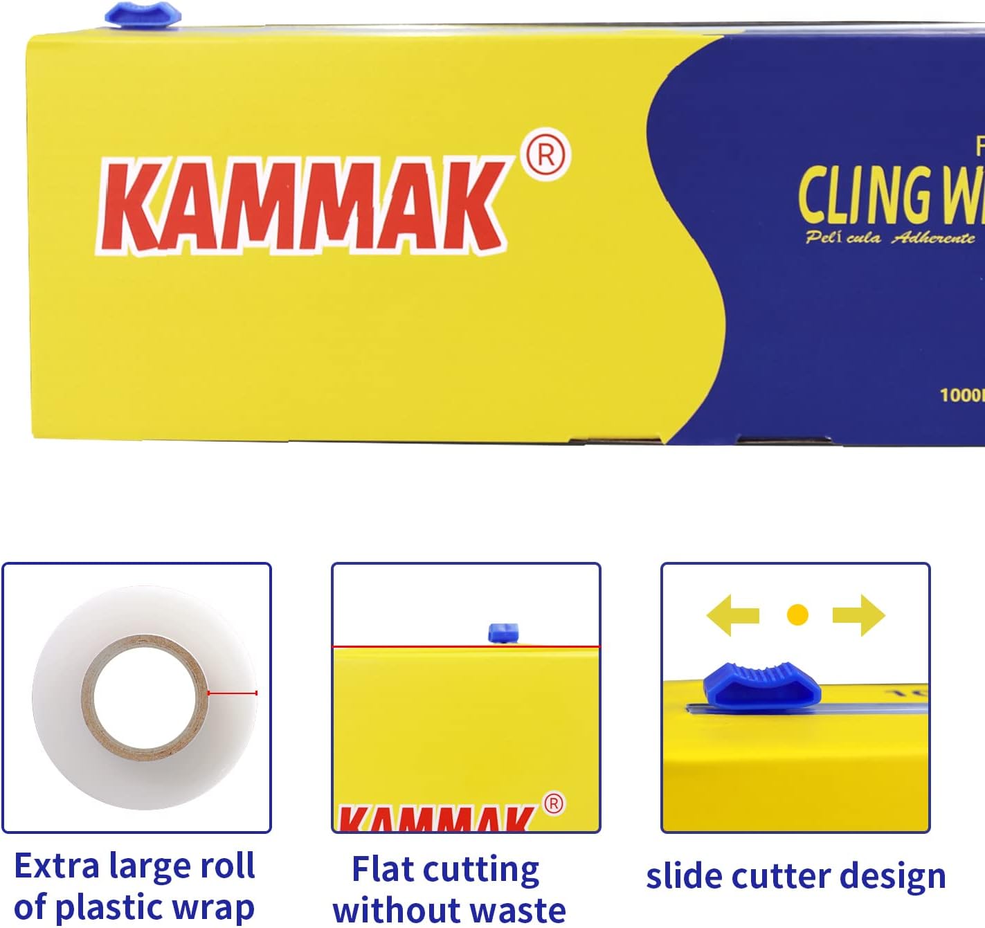 KAMMAK Plastic Wrap Food Cling Wrap with Slide Cutter 15 inch Restaurant Cling Film 2000 Ft Bulk Roll Refillable Food Service Cling Wrap Dispenser Quick Cut Anti-Fog Cling Film for Kitchen