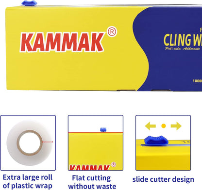 KAMMAK Plastic Wrap Food Cling Wrap with Slide Cutter 15 inch Restaurant Cling Film 2000 Ft Bulk Roll Refillable Food Service Cling Wrap Dispenser Quick Cut Anti-Fog Cling Film for Kitchen