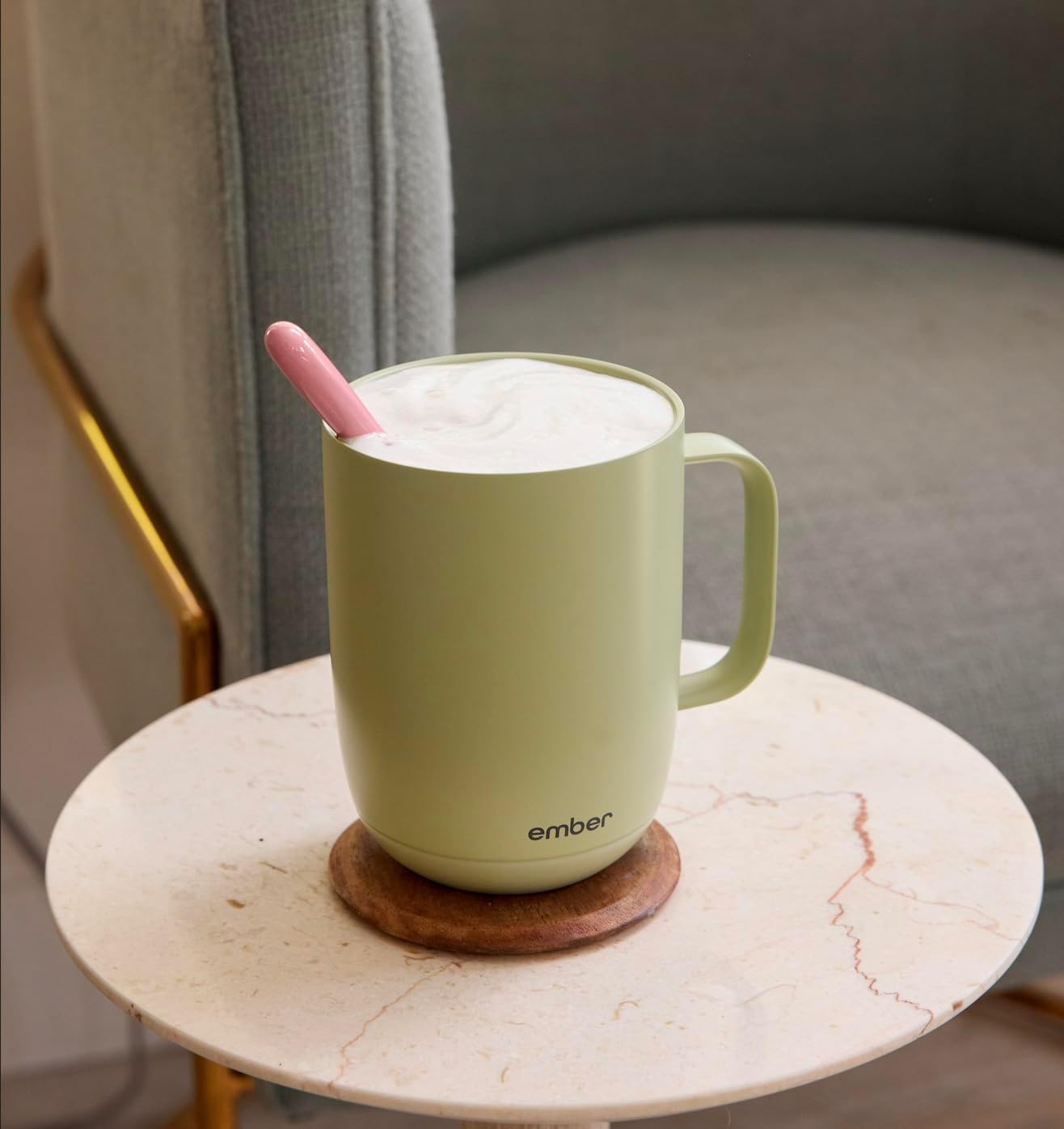 Ember Temperature Control 14oz Smart Mug 2, App-Controlled and Rechargeable Heated Coffee Cup Warmer with Intelligent LED Display, Sage Green.