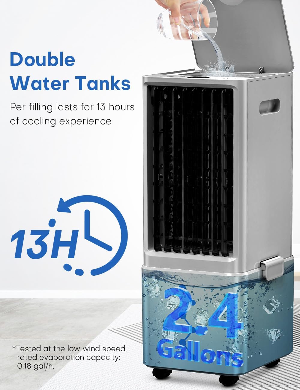 Portable Air Conditioners 4 Modes&3 Speeds,4 Ice Packs, Waterless Alert System, 12H Timer, Remote,1 Gal Detachable Water Tank, 70°Oscillation Windowless Evaporative Air Cooler for Room Office