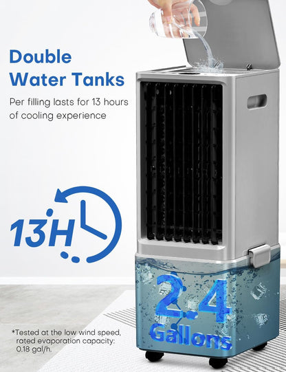 Portable Air Conditioners 4 Modes&3 Speeds,4 Ice Packs, Waterless Alert System, 12H Timer, Remote,1 Gal Detachable Water Tank, 70°Oscillation Windowless Evaporative Air Cooler for Room Office