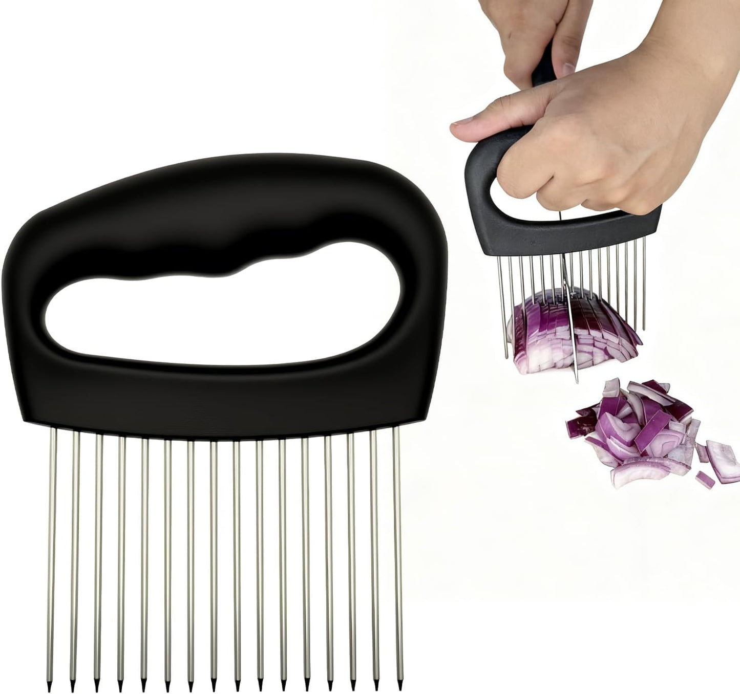 Extra-Large Onion Holder for Slicing, Onion Cutter Vegetable Chopper, Extra-Large Tomato Slicer with 16 Long Needles, Stainless Steel Tomato Potato Slicer, Meat and Food Slicing