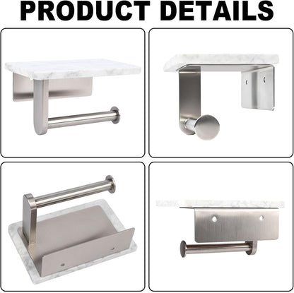 Toilet Paper Holder with Natural Marble Shelf for Bathroom Washroom,Wall Mounted Tissue Holder Suitable for Mega Roll (Brushed Nickel,Small 6.7 * 4.3 in)