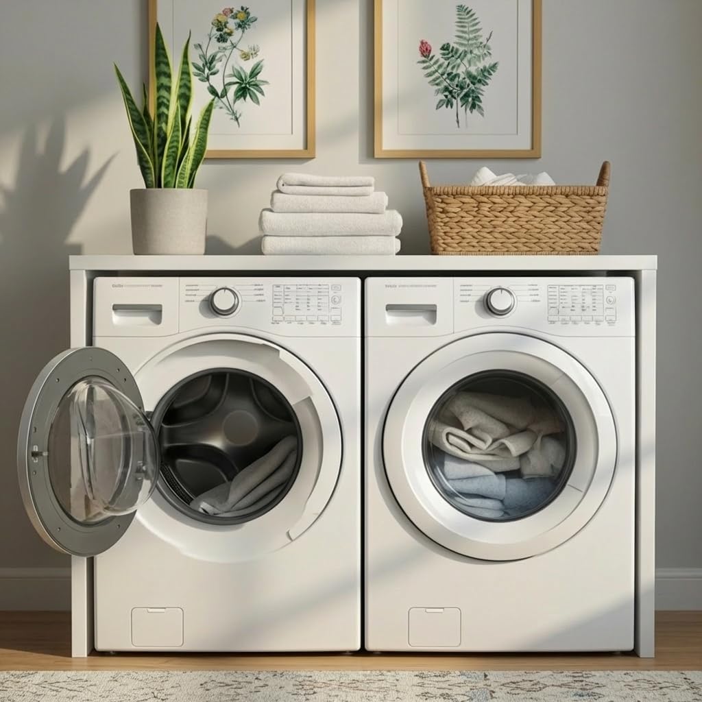 Over the Washer and Dryer Storage Shelf, Laundry Shelf, White | Engineered Wood, Laundry Room Organizer with Side Panels, Wall-Mounted, Top Surface for Folding and Supplies