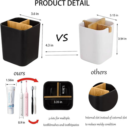 Bamboo Toothbrush Holder for Bathrooms Toothpaste Organizer - Black | Detachable Inserts, 3 Slots, Bathroom Counter Organizer, for Kids Electric Toothbrushes, Floss, Razors