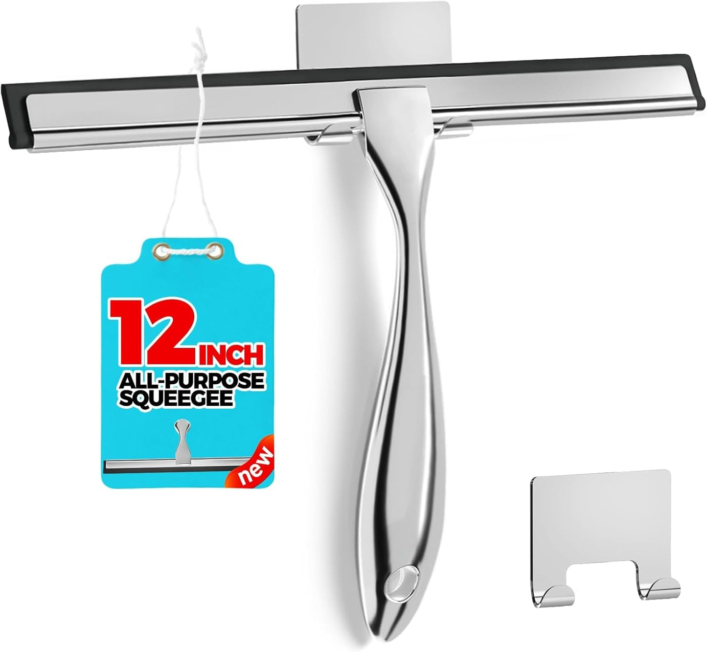 12" Shower Squeegee for Glass Doors, Tile Walls, Car Windows, Silver | Bathroom Accessories, New Home Essentials, Silicone Blade, Metal Handle, Adhesive Hook, Household Tool, Multipurpose Cleaner