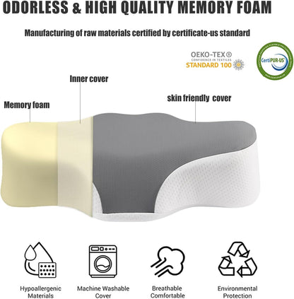 Bespilow Travel Size Cervical Neck Pillow for Sleeping,Ergonomic Support | Small Comfortable Contour Memory Foam Pillows for Neck Pain Relief, Compact Camping Pillow for RV, Road Trip, Cooling Cover