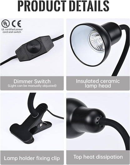 Clip On Gooseneck Lamp - 300W Max, Ceramic Fire-Resistant E26 Socket, Classic Durable Switch, Adjustable Flexible Clamp Light for Desk, Workbench, Bed Headboard, Table, Grow (Standard Clip Desk Light)
