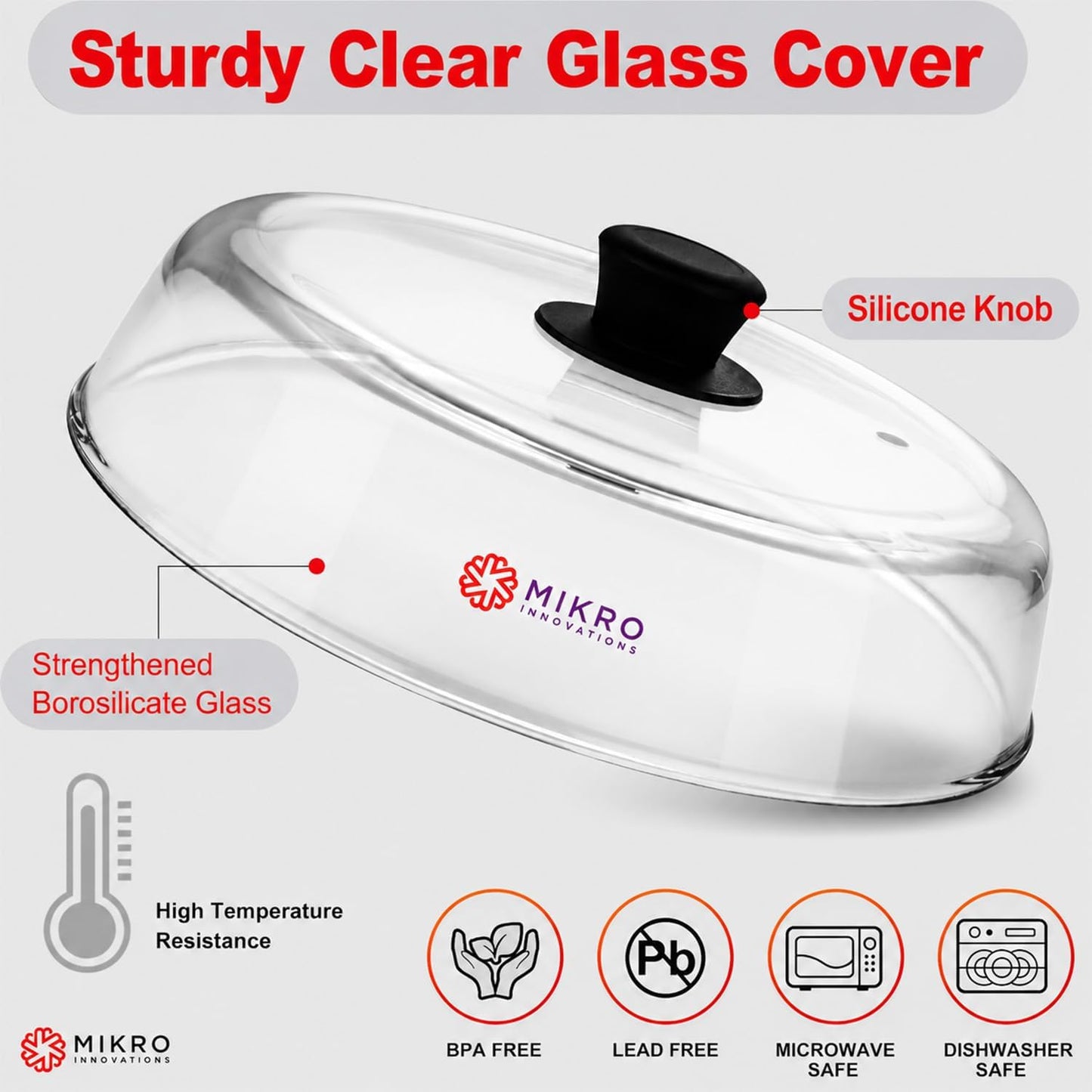 10.5-Inch Glass Microwave Splatter Cover – Borosilicate Glass Food Plate Splatter Guard with Vent Hole, BPA-Free, Easy-Grip Silicone Knob, Dishwasher Safe (1, Black, 10.5in)