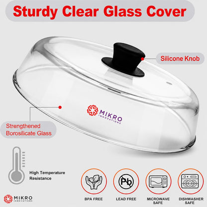 10.5-Inch Glass Microwave Splatter Cover – Borosilicate Glass Food Plate Splatter Guard with Vent Hole, BPA-Free, Easy-Grip Silicone Knob, Dishwasher Safe (1, Black, 10.5in)
