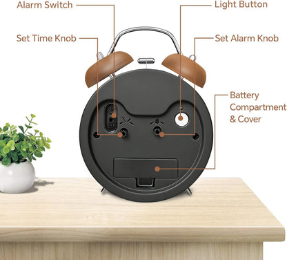 4.5" Analog Alarm Clock for Heavy Sleepers, Loud Battery Operated Alarm Clocks with Light, Metal Silent Desk Clock for Bedrooms, Retro Bedside Clocks for Kids Girls Women Mother Seniors, Pink