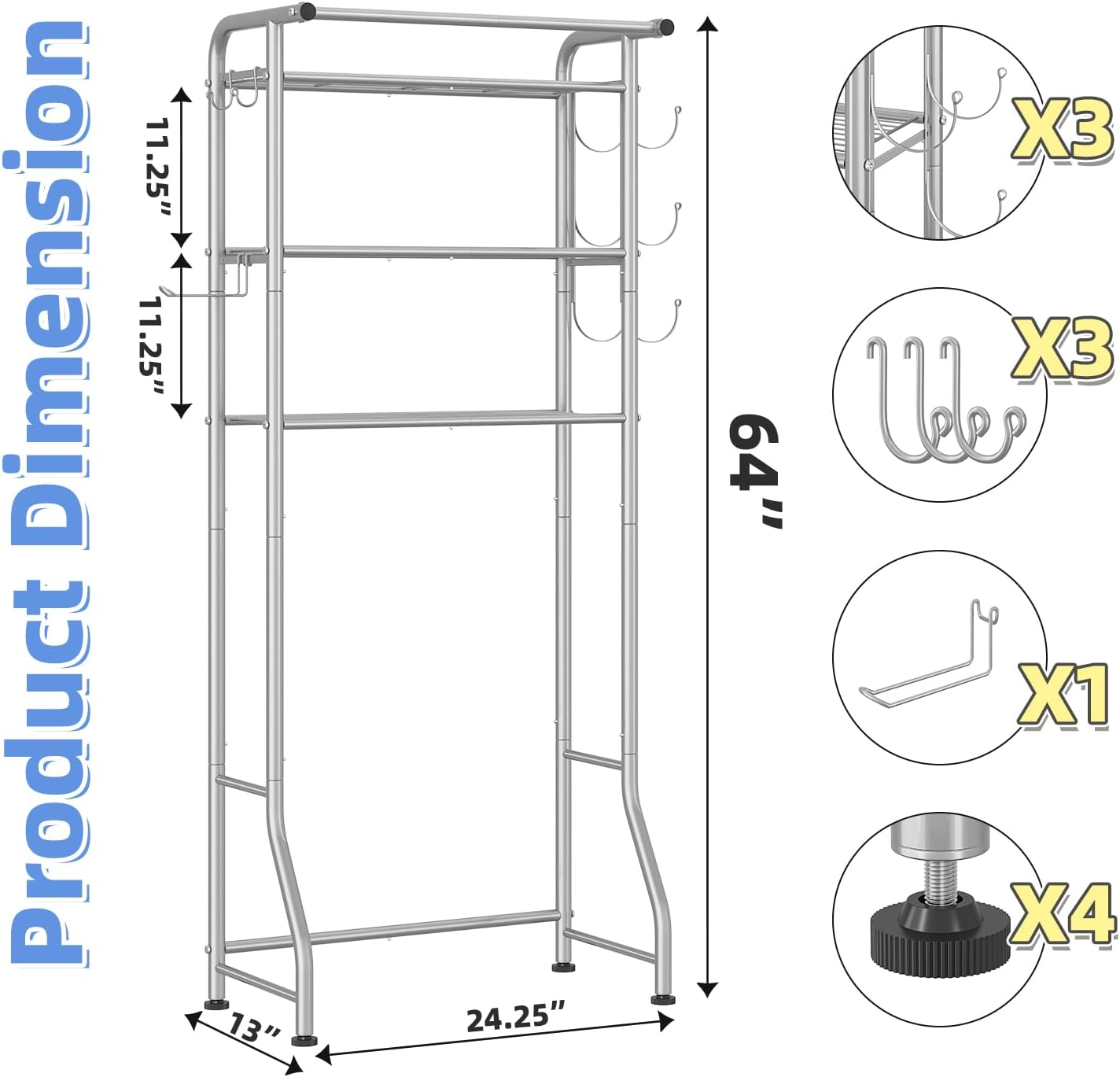 Simple Trending Over The Toilet Storage Cabinet, Metal Bathroom Shelf Organizer with Paper Holder and Hooks, 3 Tier, Black