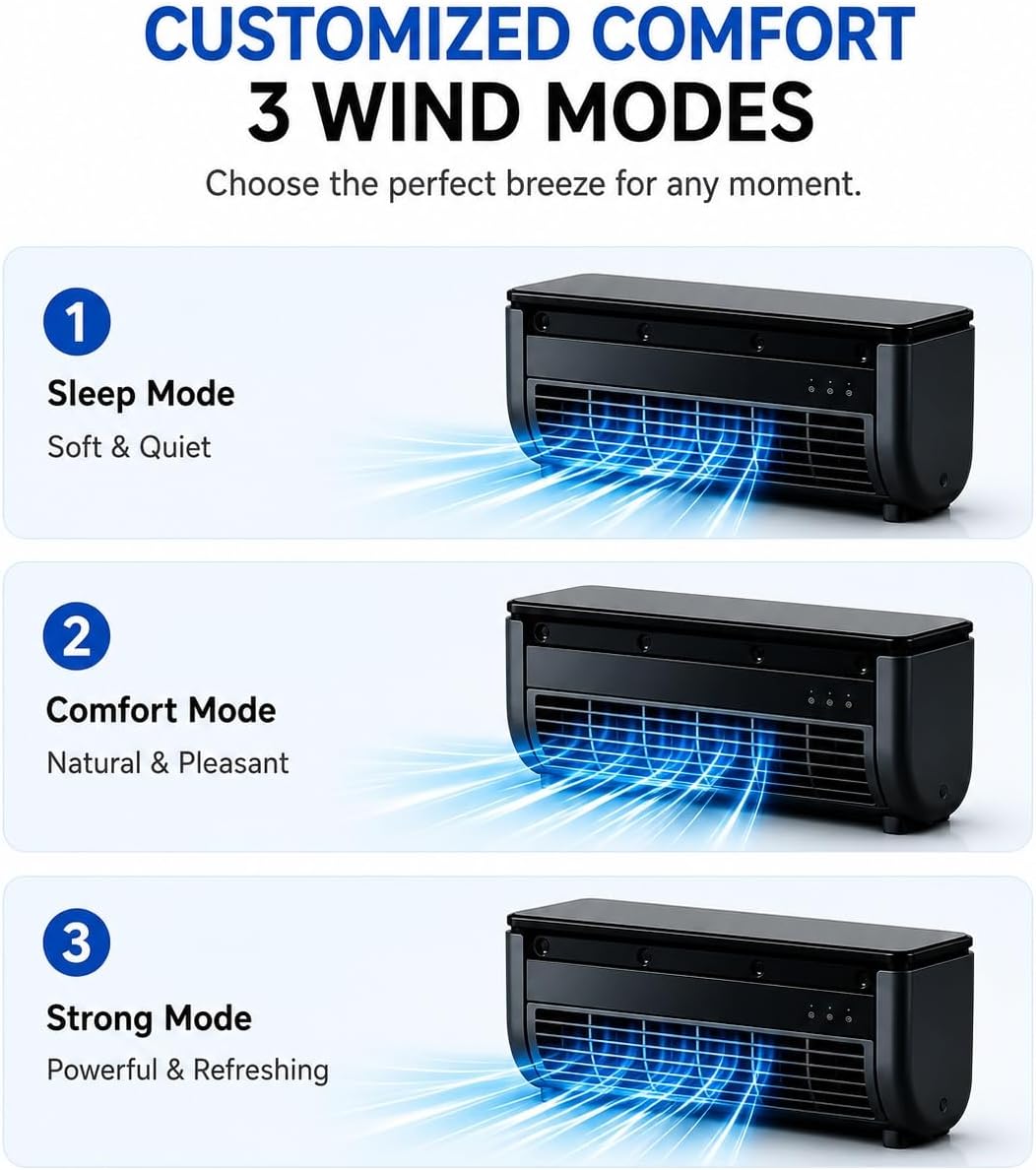 Portable Wireless Wall Air Conditioner Fan, Table & Wall Mounted Cooling Mist Fan with 3 Modes, Semiconductor Rechargeable AC Fan with Remote for Kitchen Office Indoor