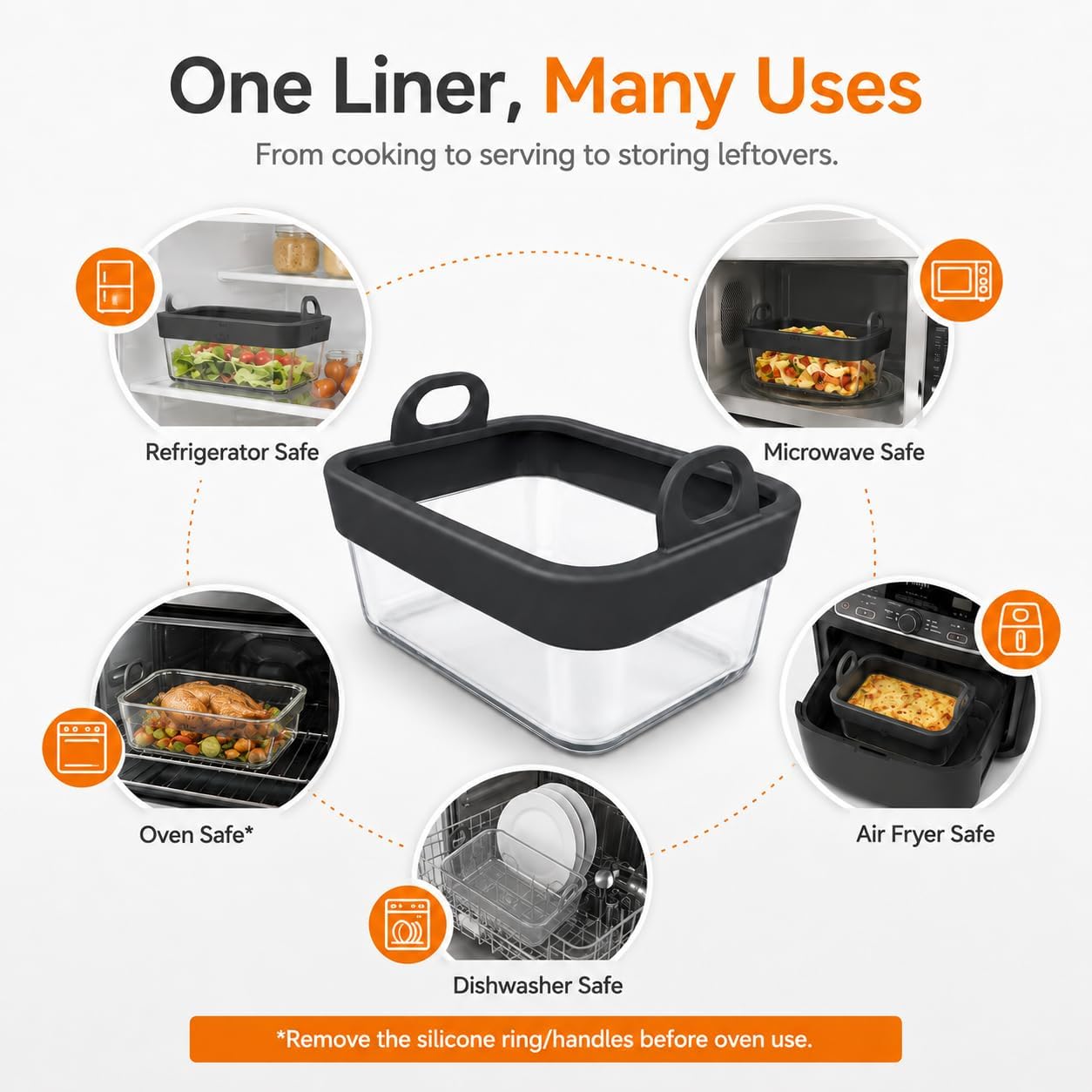 Air Fryer Glass Liner with Removable Silicone Ring, Air Fryer Accessories | Reusable Glass Air Fryer Basket Insert for Ninja Foodi DZ201 DZ401 DZ550, 8-10QT Dual Air Fryer, Dishwasher Safe, Easy Rinse