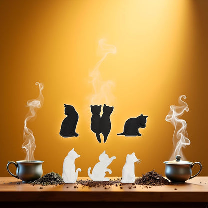6Pcs Black and White Heat-Resistant Silicone Tea Bag Clips Set - Cartoon Cat-Shaped Reusable Holders for Drinks, Food Markers, Squeezer, and Accessories