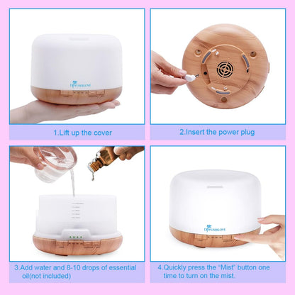 Diffuserlove Essential Oil Diffuser 500ML Aromatherapy Diffuser Mist Humidifiers 7 Color LED Lights Diffusers for Home Office Bedroom (Size:6.7" L x 6.7" W x 4.7" H)