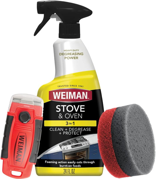 Weiman Heavy Duty Stove and Oven Cleaner 3 Piece Total Clean Kit, For Baked on Grease, Grime, Carbonized Food, Includes Foaming Cleaner (24oz), Precision Razor Tool, Dual-Action Scrub & Shine Sponge