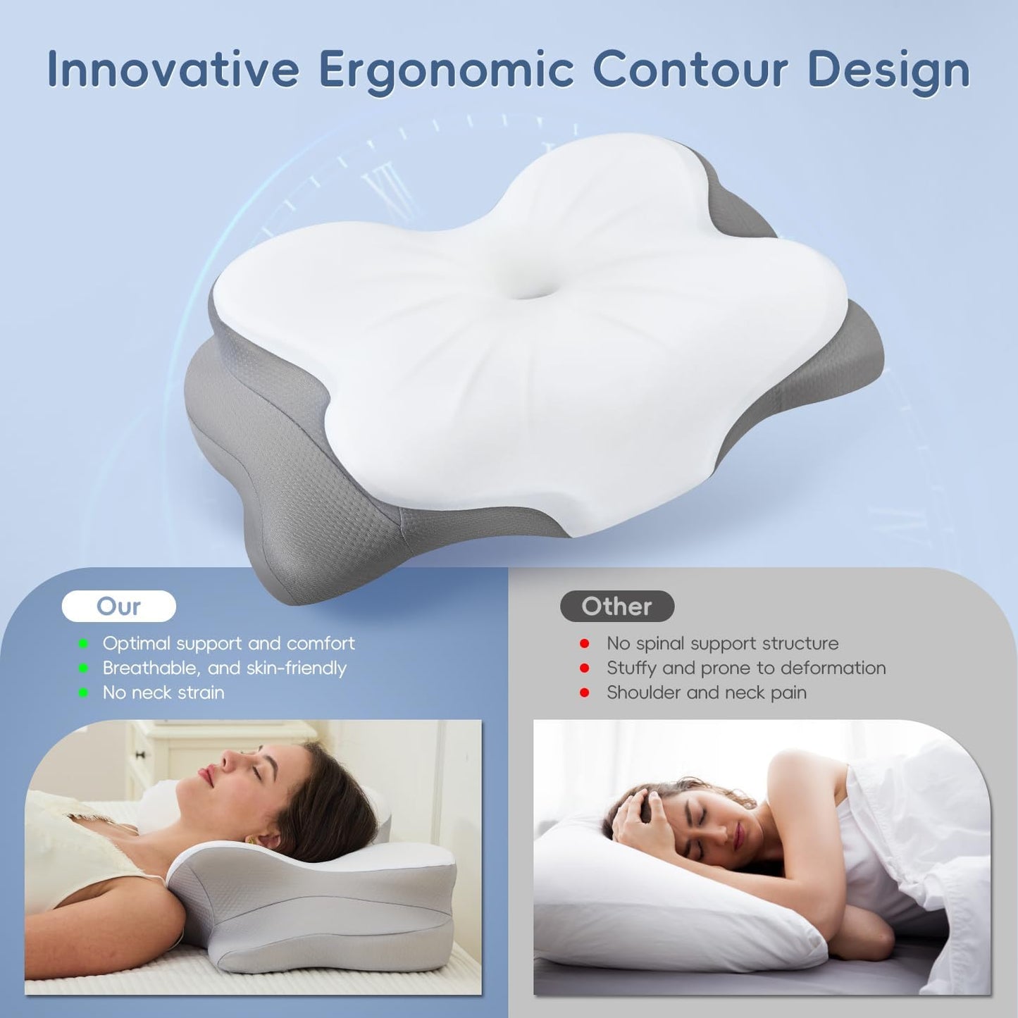 Cervical Neck Pillow, Memory Foam Pillow with Dual Height, White | Ergonomic Pillow for Neck Pain Relief, Breathable Cover,Neck Support Pillow for Side Back & Stomach Sleepers, Odorless