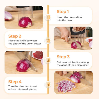 Onion Holder for Slicing, Stainless Steel Onion Slicer Holder, 2025 New Upgraded Tamato Slicer Vegetable Cutter Kitchen Gadeget Chopper Assistant Tool for Potato Lemon Fruit and Meat (2pcs)