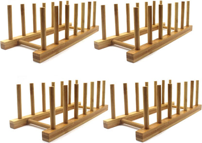 INNERNEED Bamboo Wooden Dish Rack, Vertical Plate & Lid Organizer | for Kitchen Cabinet or Countertop, Drying Stand for Dishes, Cutting Boards