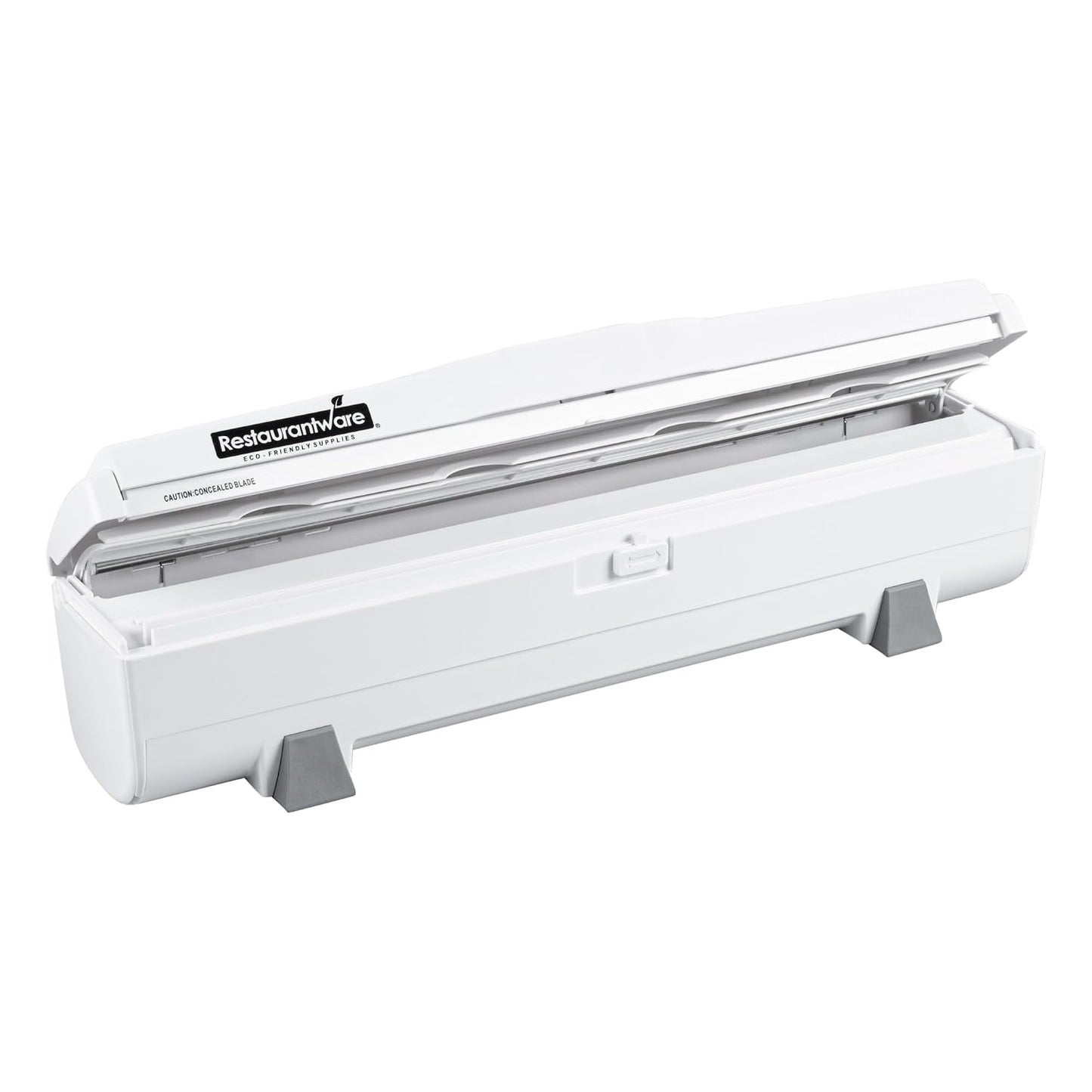 Restaurantware-Chef 101 Food Wrap Dispenser with Cutter, 1 Refillable Cling Wrap Dispenser - Fits 12” to 18” x 1000’ Rolls, Press Down and Cut, White Plastic Aluminum Foil, Sharp Blade