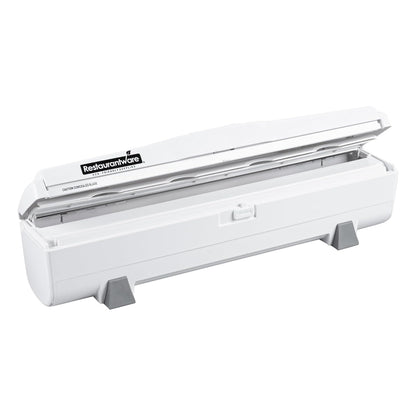 Restaurantware-Chef 101 Food Wrap Dispenser with Cutter, 1 Refillable Cling Wrap Dispenser - Fits 12” to 18” x 1000’ Rolls, Press Down and Cut, White Plastic Aluminum Foil, Sharp Blade