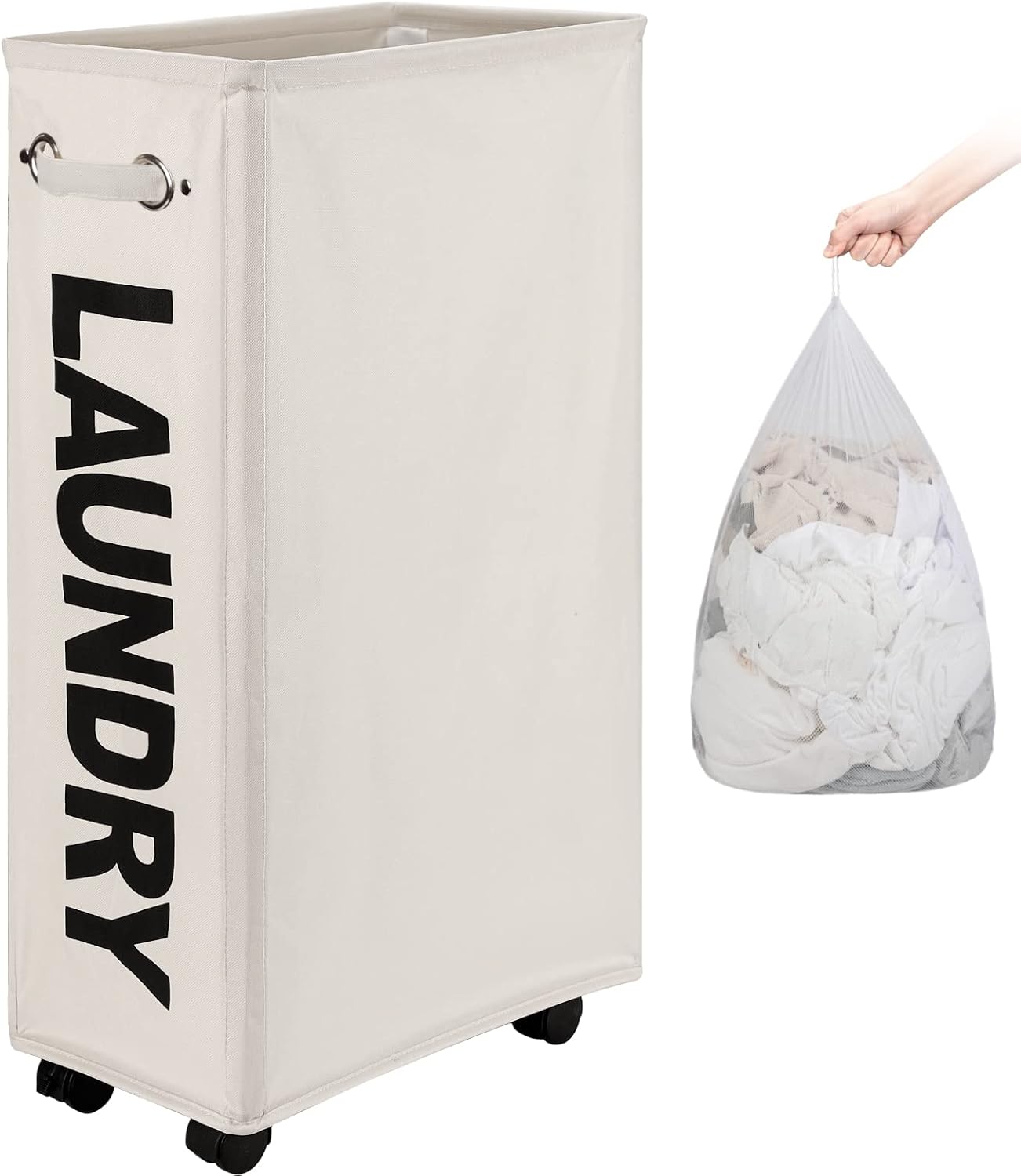 DOKEHOM 25" Slim Rolling Laundry Basket Hamper, Narrow on Wheels, Grey | Collapsible narrow laundry hamper with mesh drawstring closure. Foldable corner clothes storage bin for small spaces