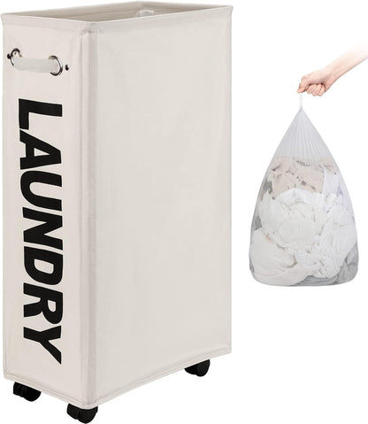 DOKEHOM 25" Slim Rolling Laundry Basket Hamper, Narrow on Wheels, Grey | Collapsible narrow laundry hamper with mesh drawstring closure. Foldable corner clothes storage bin for small spaces