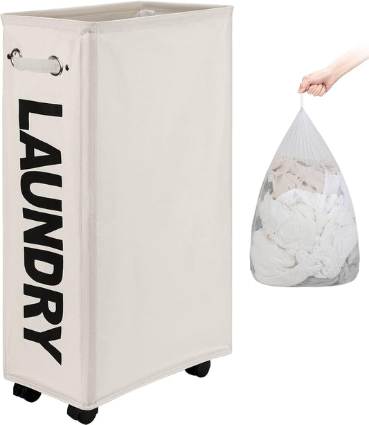 DOKEHOM 25" Slim Rolling Laundry Basket Hamper, Narrow on Wheels, Grey | Collapsible narrow laundry hamper with mesh drawstring closure. Foldable corner clothes storage bin for small spaces