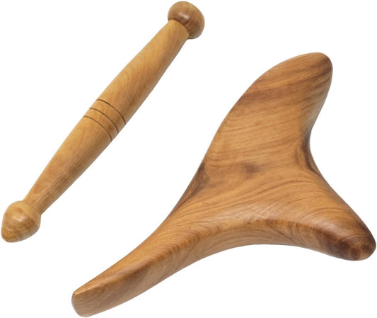 Honbay 2PCS Reflexology Tools Wood Body Massager Triangle Gua Sha Board Scraping Board Foot Massage Stick Tool Head Neck Hand Waist Calf Leg Foot Massager (Camphor Wood)