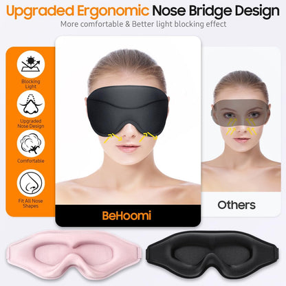 BeHoomi Sleep Mask, Premium Eye Mask for Sleeping, Total Blackout, Super Soft Comfort, Adjustable Fit, Upgraded 3D Ergonomic Designed Sleeping Mask for Home, Office, Travel, Meditation, Yoga, Pink