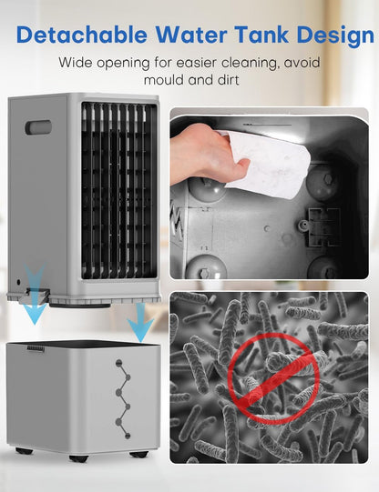 Portable Air Conditioners 4 Modes&3 Speeds,4 Ice Packs, Waterless Alert System, 12H Timer, Remote,1 Gal Detachable Water Tank, 70°Oscillation Windowless Evaporative Air Cooler for Room Office