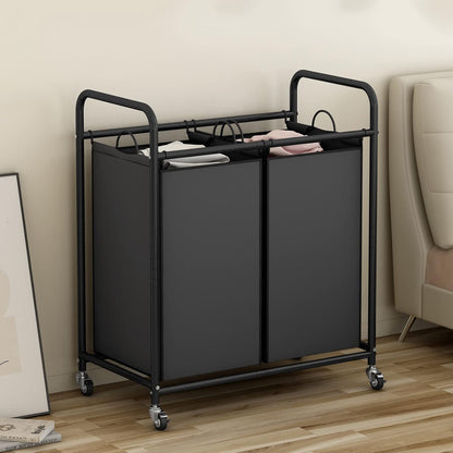 SUOERNUO Laundry Hamper with Lockable Wheels and 2 Removable Bags | Rolling Laundry Basket Laundry Sorter 2 section for Dirty Clothes in Laundry Room or Small Spaces, Grey+Beige