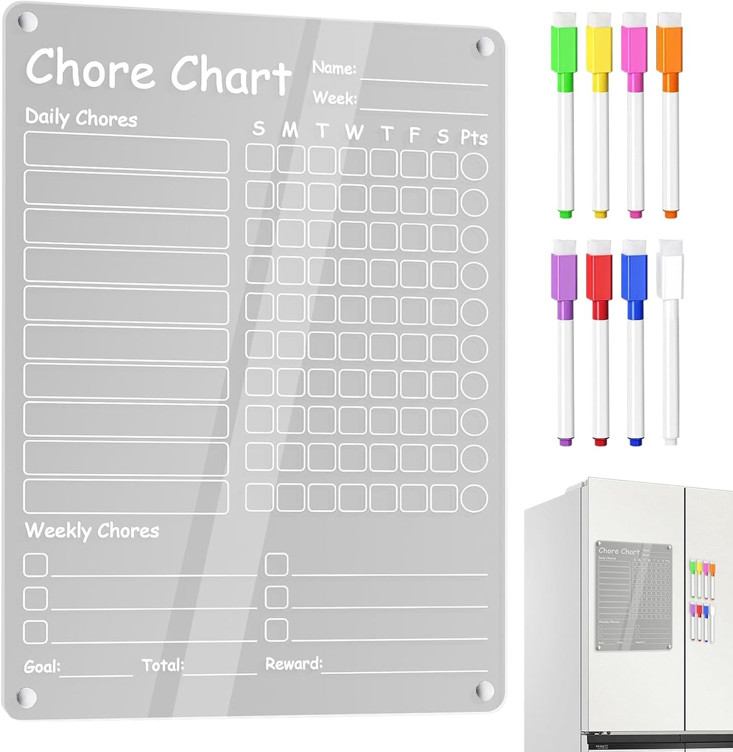 Fridge Chore Chart Clear Acrylic Dry Erase Checklist | with 8 Markers 15.7x11.8inch Magnetic Weekly Chore Chart for Teens Kids Family Kitchen Refrigerator Daily Weekly Schedule