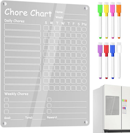 Fridge Chore Chart Clear Acrylic Dry Erase Checklist | with 8 Markers 15.7x11.8inch Magnetic Weekly Chore Chart for Teens Kids Family Kitchen Refrigerator Daily Weekly Schedule