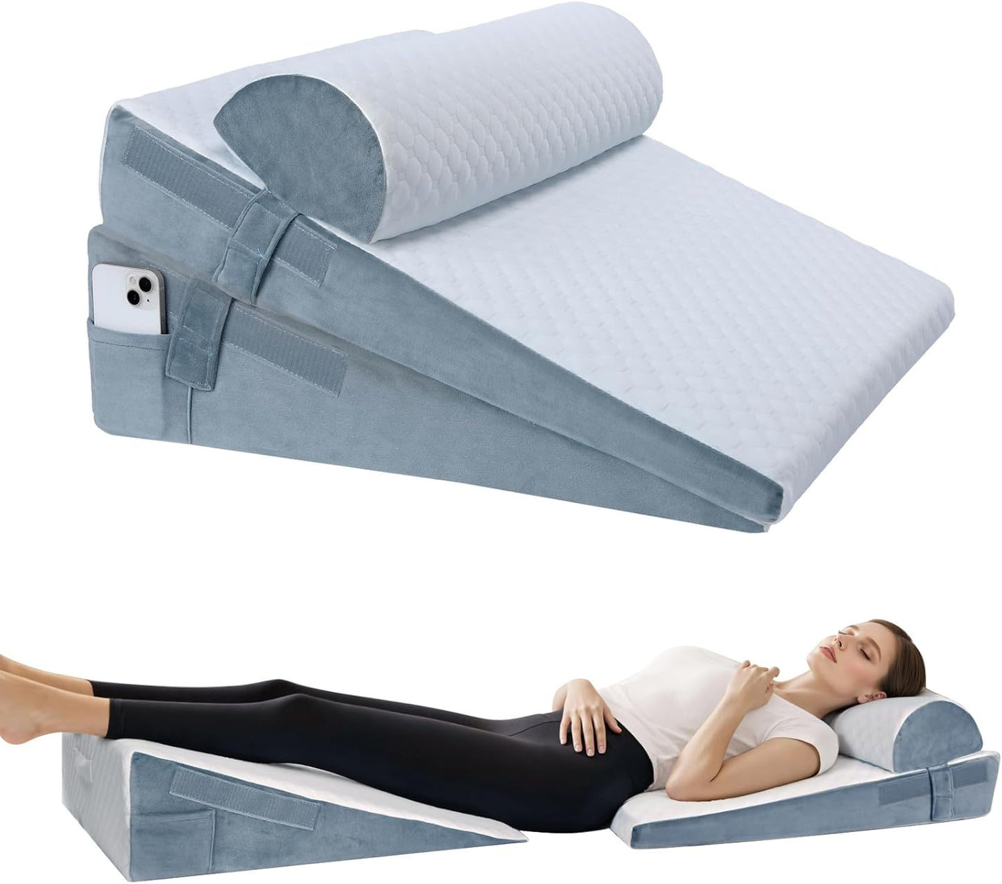 Bed Wedge Pillow for Sleeping, 3 Pcs Adjustable Height 4.5&7.5&12 Inch Triangle Pillow Wedge for Post Surgery, Acid Reflux, Snoring, Legs Pain Relief (Gray)