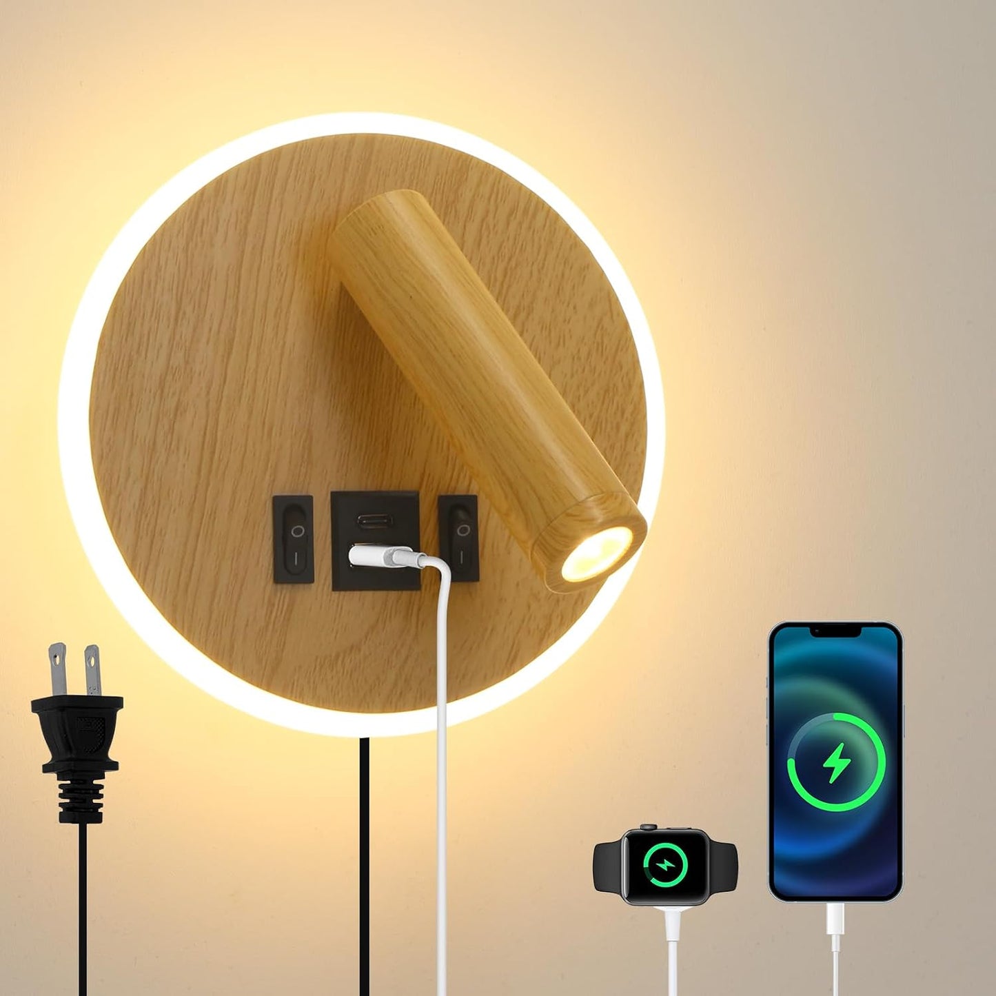 Plug in Wall Sconce with Wall Mounted Reading Lights with Switch | Wall Lamp for Bedroom with Charging Station USB C+A Ports,Bunk Bed Lights with 3W+9W Night Light,Walnut Color Reading Light