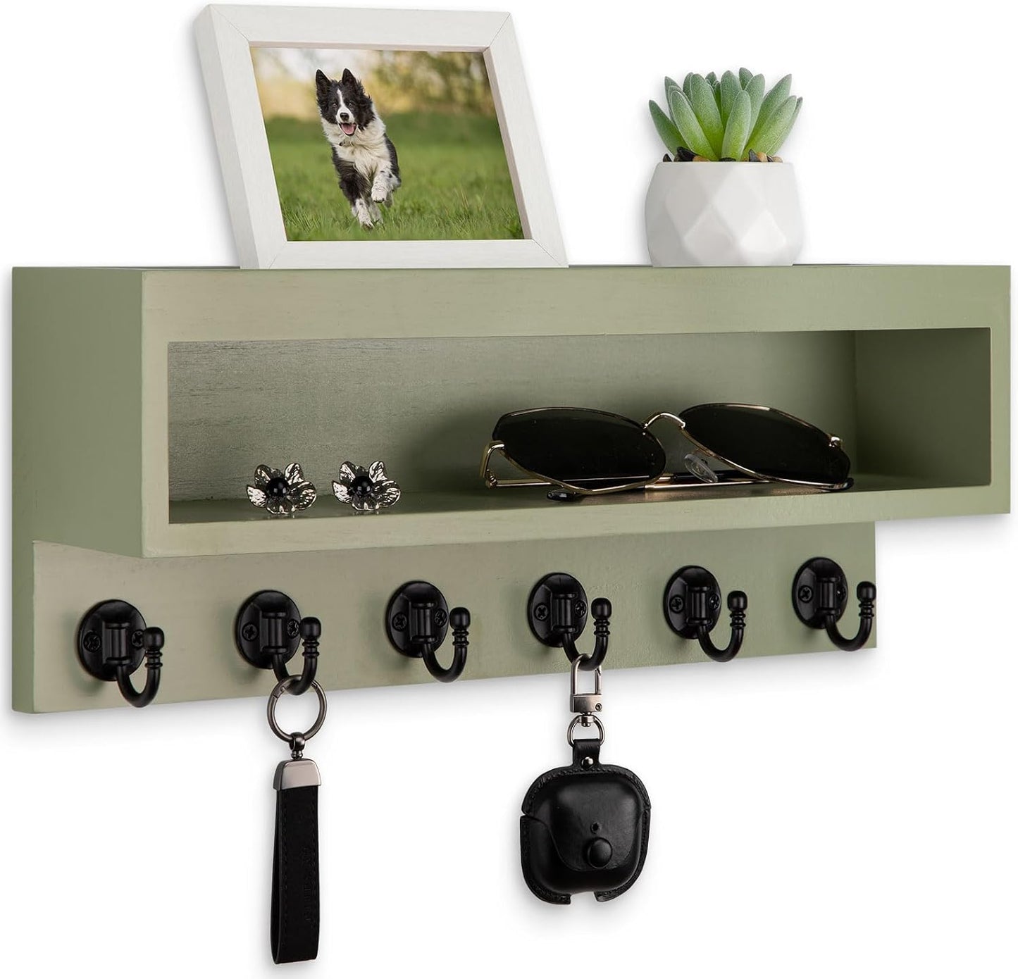 Key and Mail Holder Wall Mount with Long Storage Box and 6 Hooks | Key Holder For Coat, Dog Leash, Home Decor Rack, Entry Way Organizer