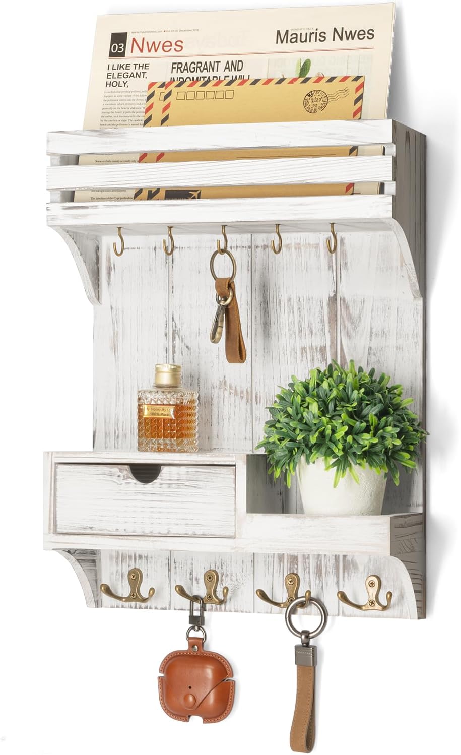 Rebee Vision Key Holder Wall Mount with Drawer Organizer for Entryway,Brown | Pine Wood, 6 Key Hooks, Display Shelf for Plants, Mail Slot for Storage Letter, Multi-Funtional Design, Home Storage