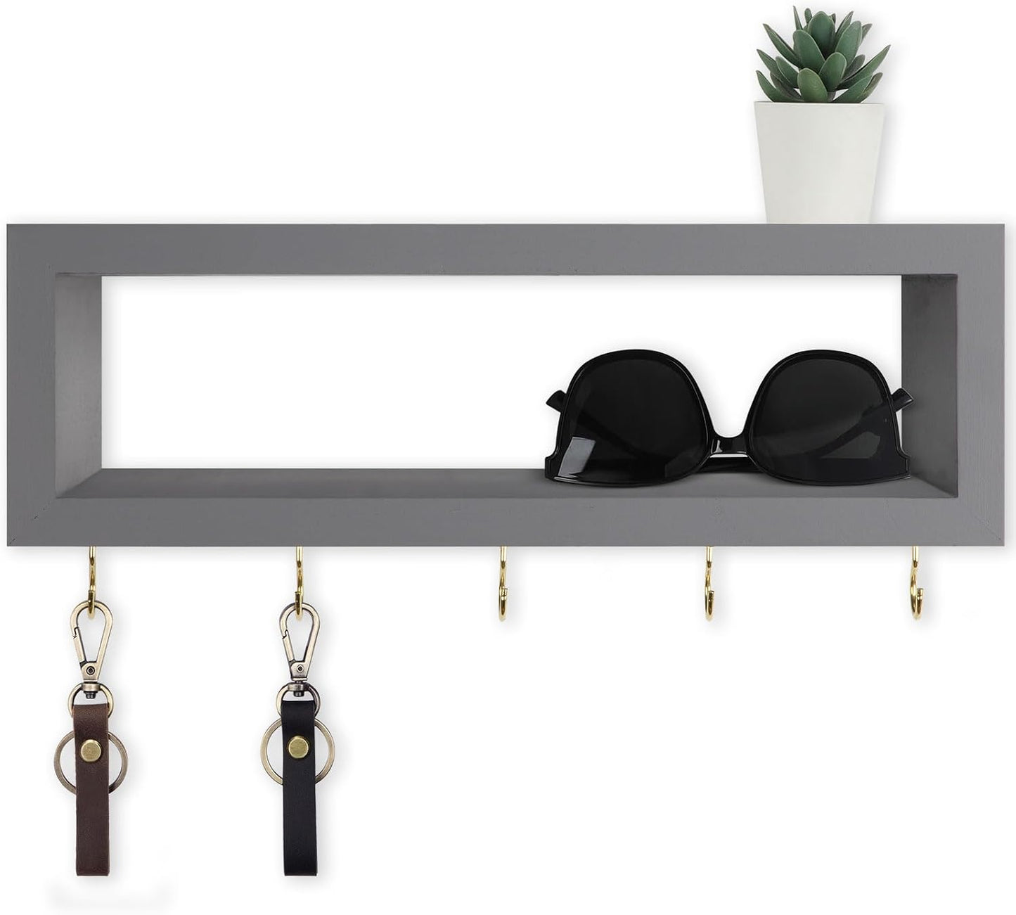 Lwenki Wall Shelf with Hooks - Decorative Key and Wallet Holder for Wall Holds Sunglasses, Leashes, Scarves and Lanyards - 15.7" x 5.1" x 2.9" Entryway Organizer Made of Paulownia Wood (White)