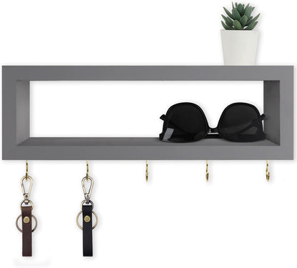 Lwenki Wall Shelf with Hooks - Decorative Key and Wallet Holder for Wall Holds Sunglasses, Leashes, Scarves and Lanyards - 15.7" x 5.1" x 2.9" Entryway Organizer Made of Paulownia Wood (White)