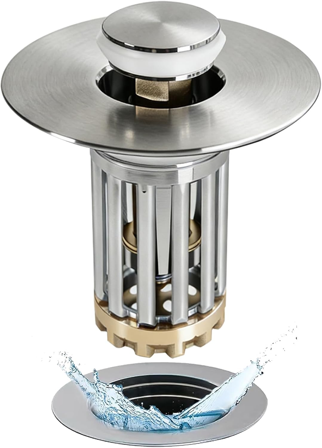 Anlige Bathroom Sink Drain Strainer, 3 in 1 Pop Up Bathroom Sink Stopper with Removable Brass Basket Hair Catcher, Universal Sink Plug for 1.06 to 1.6in Drain Hole, Chrome Silver