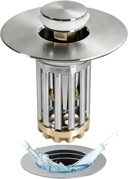 Anlige Bathroom Sink Drain Strainer, 3 in 1 Pop Up Bathroom Sink Stopper with Removable Brass Basket Hair Catcher, Universal Sink Plug for 1.06 to 1.6in Drain Hole, Chrome Silver