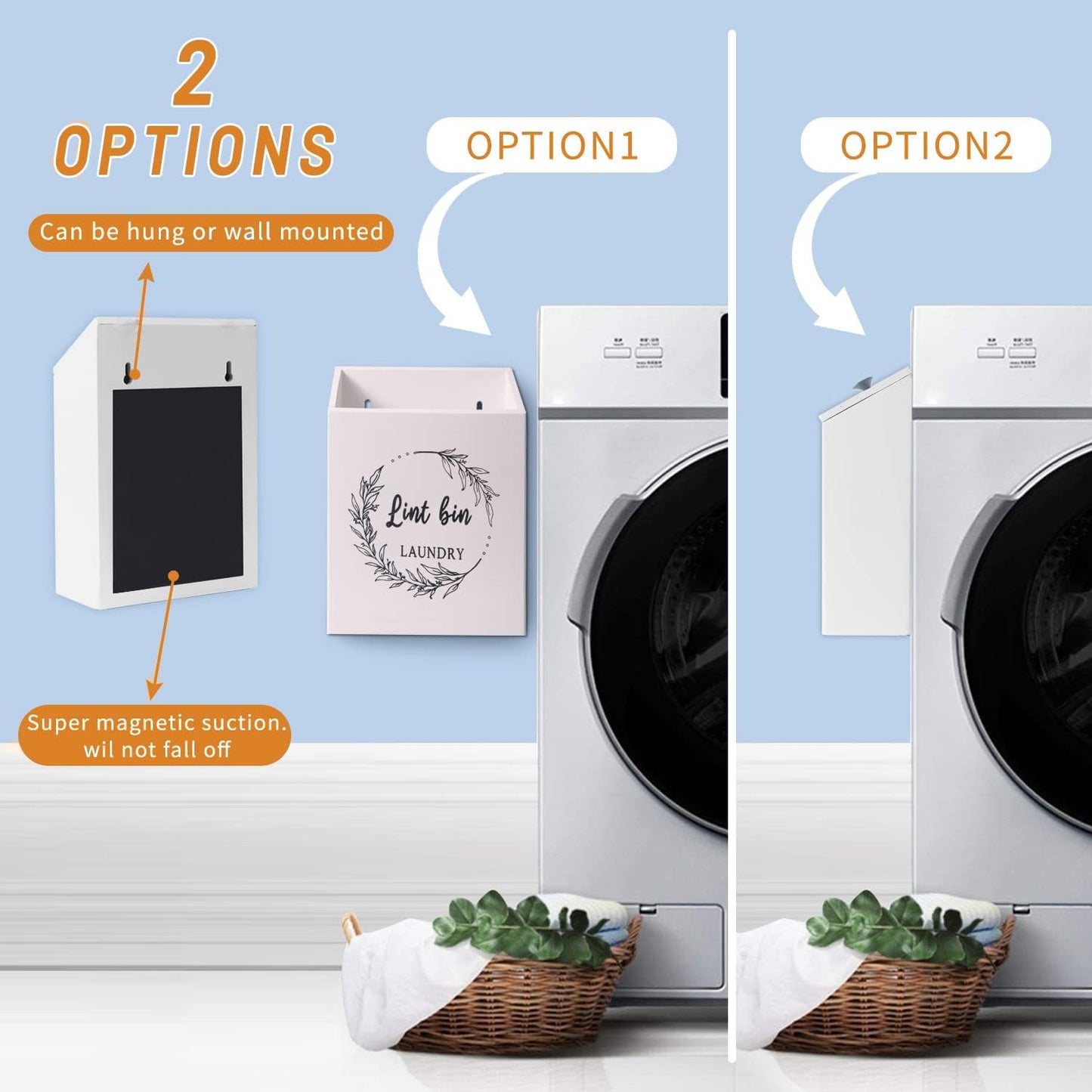 Magnetic Lint Bin and Dryer Sheet Holder Set for Laundry Room, Farmhouse Wooden Lint Trash Can with Lid and Dryer Sheet Dispenser Box Magnetic for Mounting on Dryer,Stylish Laundry Room Organiz(Black)