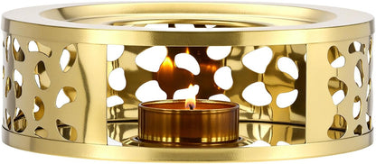 QWORK Tea Kettle Warmer, Brushed Stainless Steel Tea Kettle, Hollow Frame, with Tea Candle Holder, Fits Most Teapots, Gold