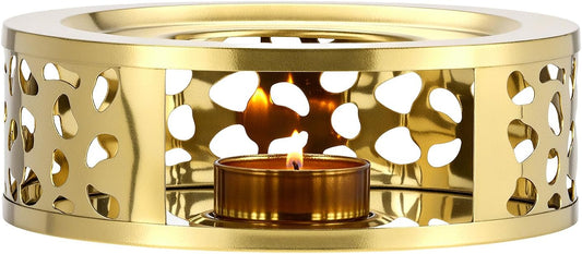 QWORK Tea Kettle Warmer, Brushed Stainless Steel Tea Kettle, Hollow Frame, with Tea Candle Holder, Fits Most Teapots, Gold