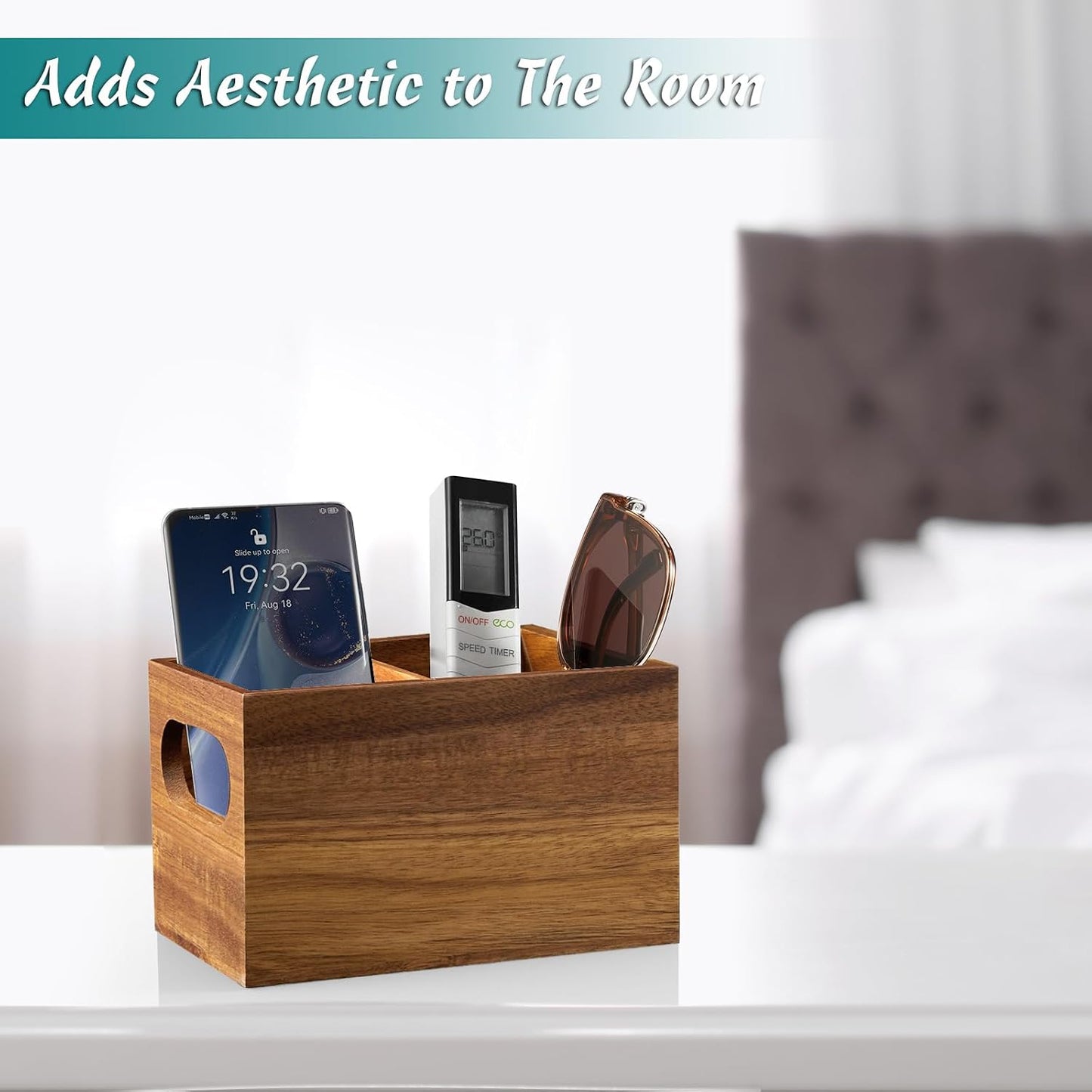 DRASTAR Remote Control Holder, Wood TV Remote Holder, Remote Storage Caddy, Remote Control Organizer (Black, 2 Slots)