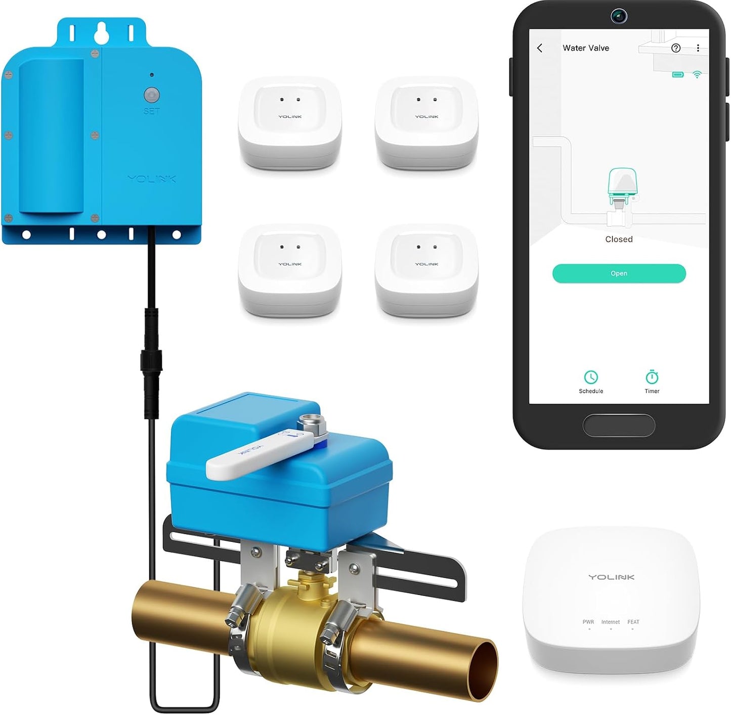 YoLink DIY Automatic Water Leak Detection & Shut-Off Starter Kit, EVO Valve Operator, Wireless Valve Controller, (3) Leak Sensors, Hub