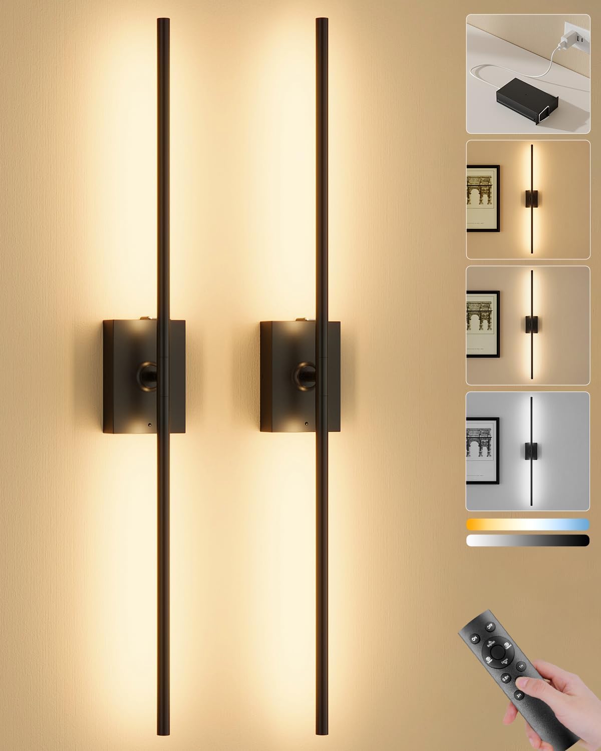 Battery Operated Wall Sconces Set of 2, Remote Control, 10000mAh, Black