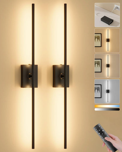 Battery Operated Wall Sconces Set of 2, Remote Control, 10000mAh, Black